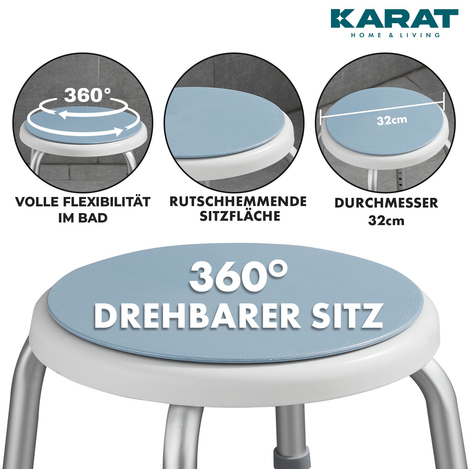 Shower Stool | Peter | 360° Swivel, Height Adjustable, Non-Slip, Supports up to 150 kg