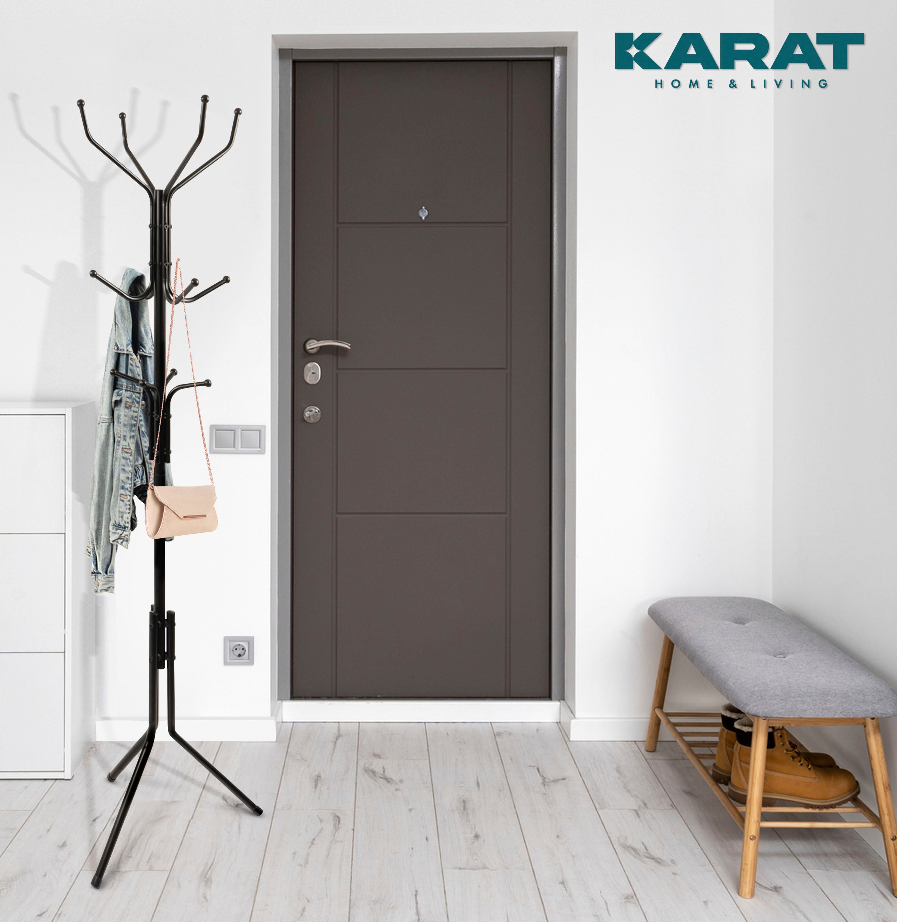 Coat Rack | Theo | 12 Hooks | Black | With Tripod Stand
