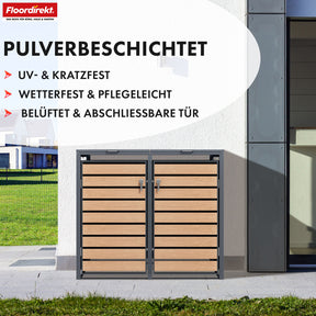 Waste bin box | Johan | Anthracite-coloured waste bin enclosure with wooden decor and robust stainless steel frame | 1-3 doors | Waste bin storage for 60-240 litres