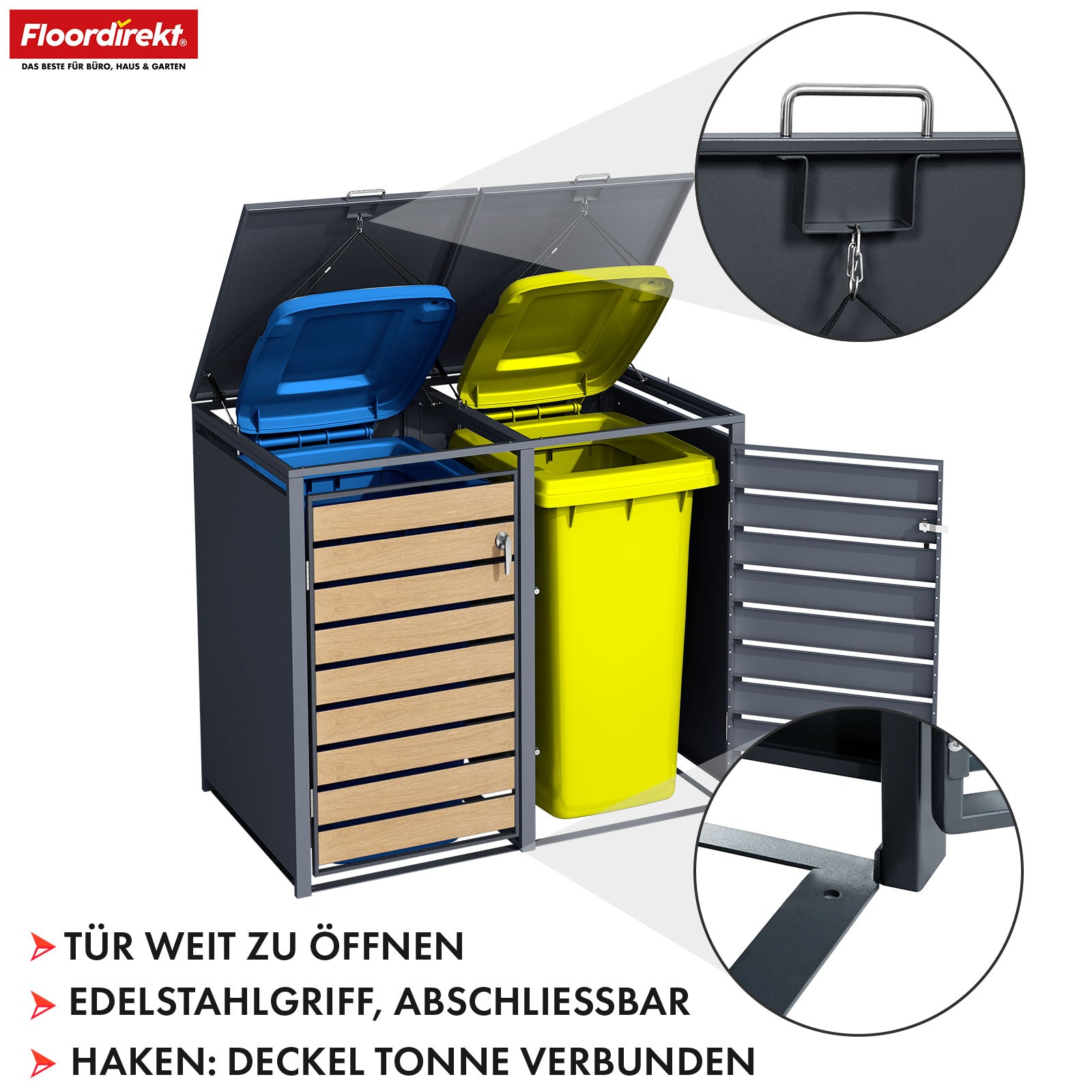 Waste bin box | Johan | Anthracite-coloured waste bin enclosure with wooden decor and robust stainless steel frame | 1-3 doors | Waste bin storage for 60-240 litres