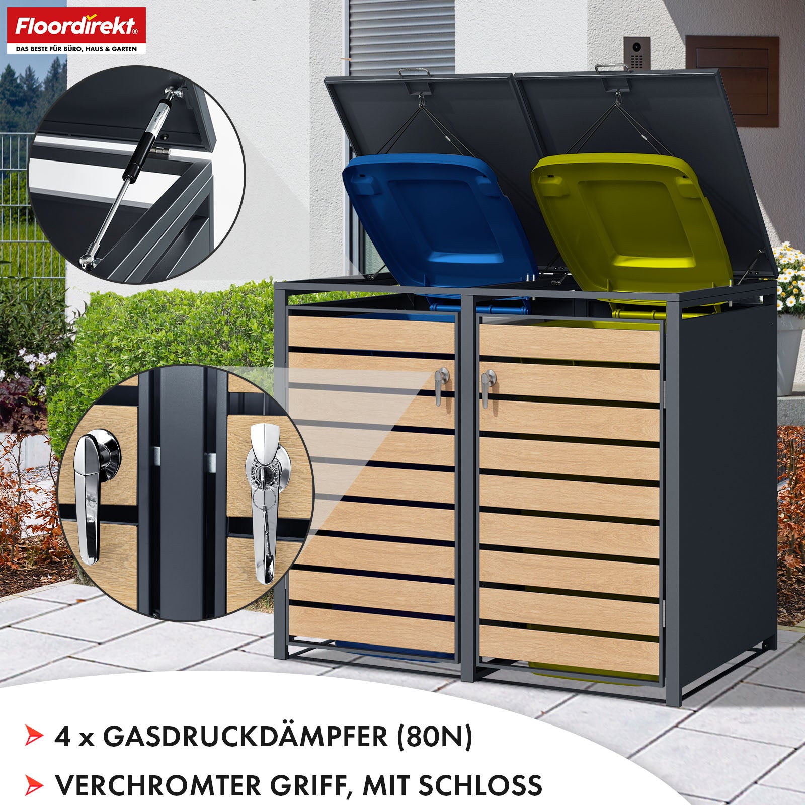Waste bin box | Johan | Anthracite-coloured waste bin enclosure with wooden decor and robust stainless steel frame | 1-3 doors | Waste bin storage for 60-240 litres