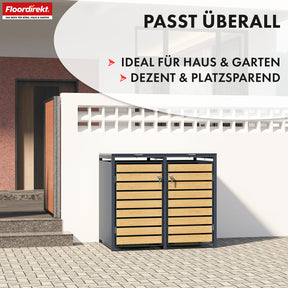 Waste bin box | Johan | Anthracite-coloured waste bin enclosure with wooden decor and robust stainless steel frame | 1-3 doors | Waste bin storage for 60-240 litres