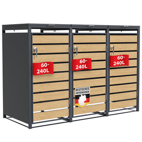 Waste bin box | Johan | Anthracite-coloured waste bin enclosure with wooden decor and robust stainless steel frame | 1-3 doors | Waste bin storage for 60-240 litres