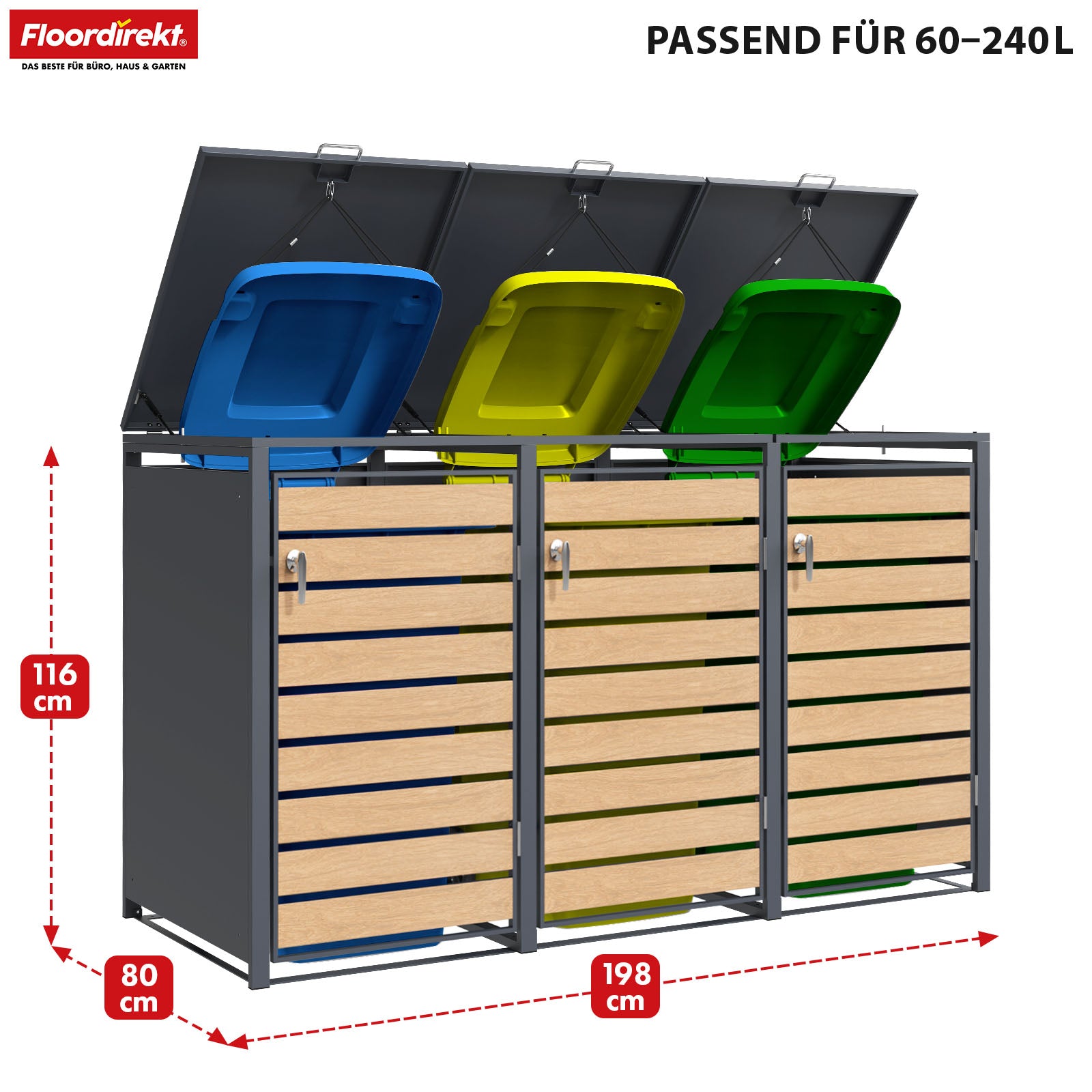 Waste bin box | Johan | Anthracite-coloured waste bin enclosure with wooden decor and robust stainless steel frame | 1-3 doors | Waste bin storage for 60-240 litres