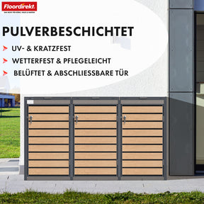 Waste bin box | Johan | Anthracite-coloured waste bin enclosure with wooden decor and robust stainless steel frame | 1-3 doors | Waste bin storage for 60-240 litres