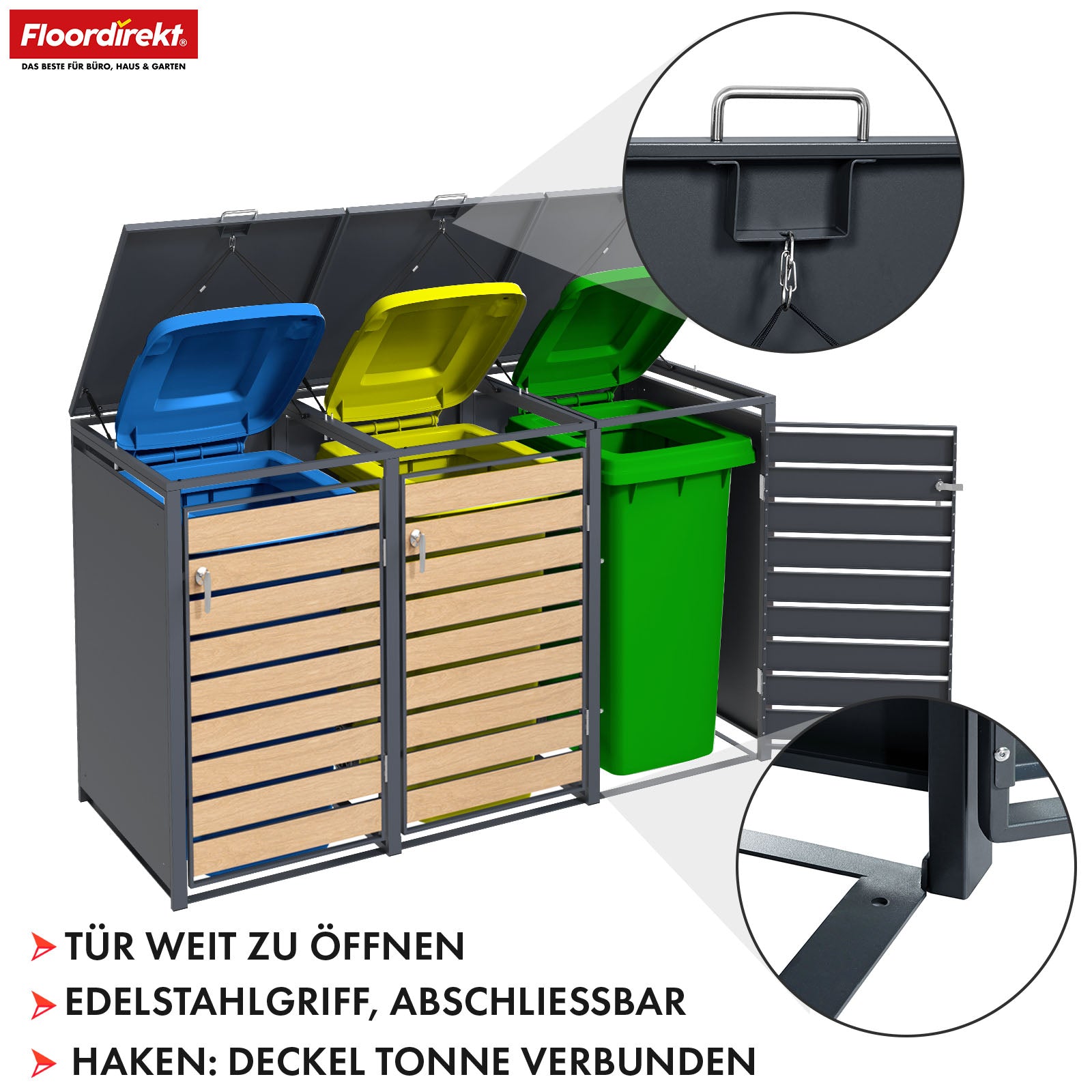 Waste bin box | Johan | Anthracite-coloured waste bin enclosure with wooden decor and robust stainless steel frame | 1-3 doors | Waste bin storage for 60-240 litres