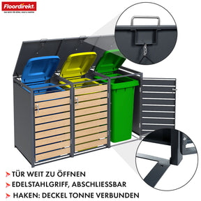 Waste bin box | Johan | Anthracite-coloured waste bin enclosure with wooden decor and robust stainless steel frame | 1-3 doors | Waste bin storage for 60-240 litres