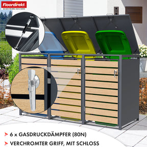 Waste bin box | Johan | Anthracite-coloured waste bin enclosure with wooden decor and robust stainless steel frame | 1-3 doors | Waste bin storage for 60-240 litres