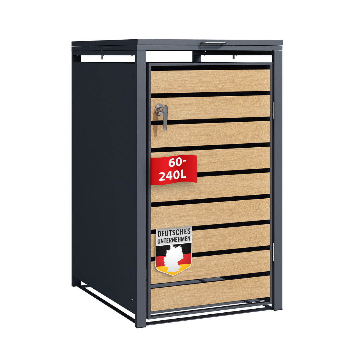 Waste bin box | Johan | Anthracite-coloured waste bin enclosure with wooden decor and robust stainless steel frame | 1-3 doors | Waste bin storage for 60-240 litres