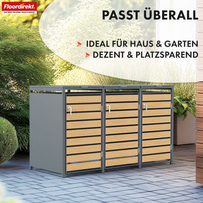 Waste bin box | Johan | Anthracite-coloured waste bin enclosure with wooden decor and robust stainless steel frame | 1-3 doors | Waste bin storage for 60-240 litres