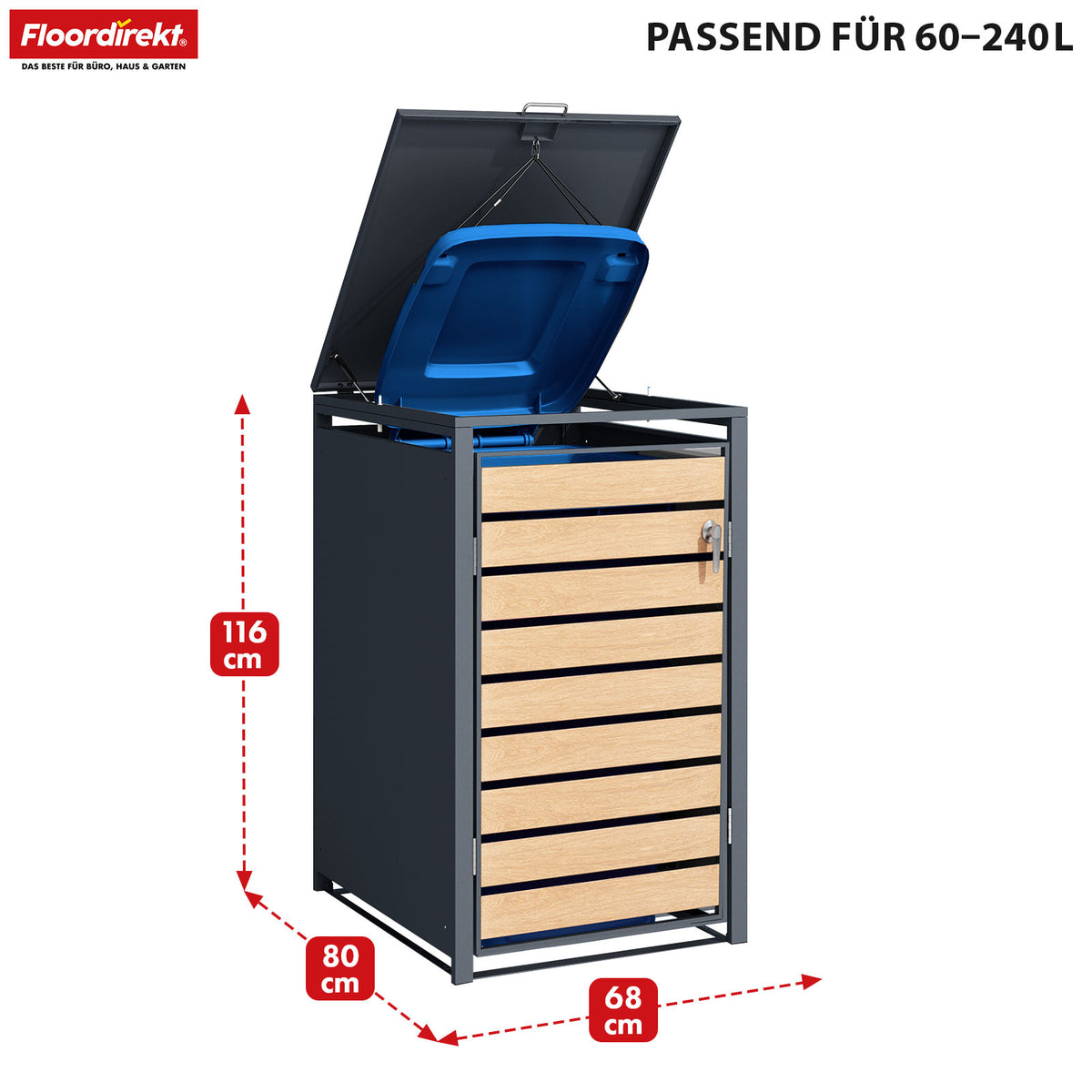 Waste bin box | Johan | Anthracite-coloured waste bin enclosure with wooden decor and robust stainless steel frame | 1-3 doors | Waste bin storage for 60-240 litres