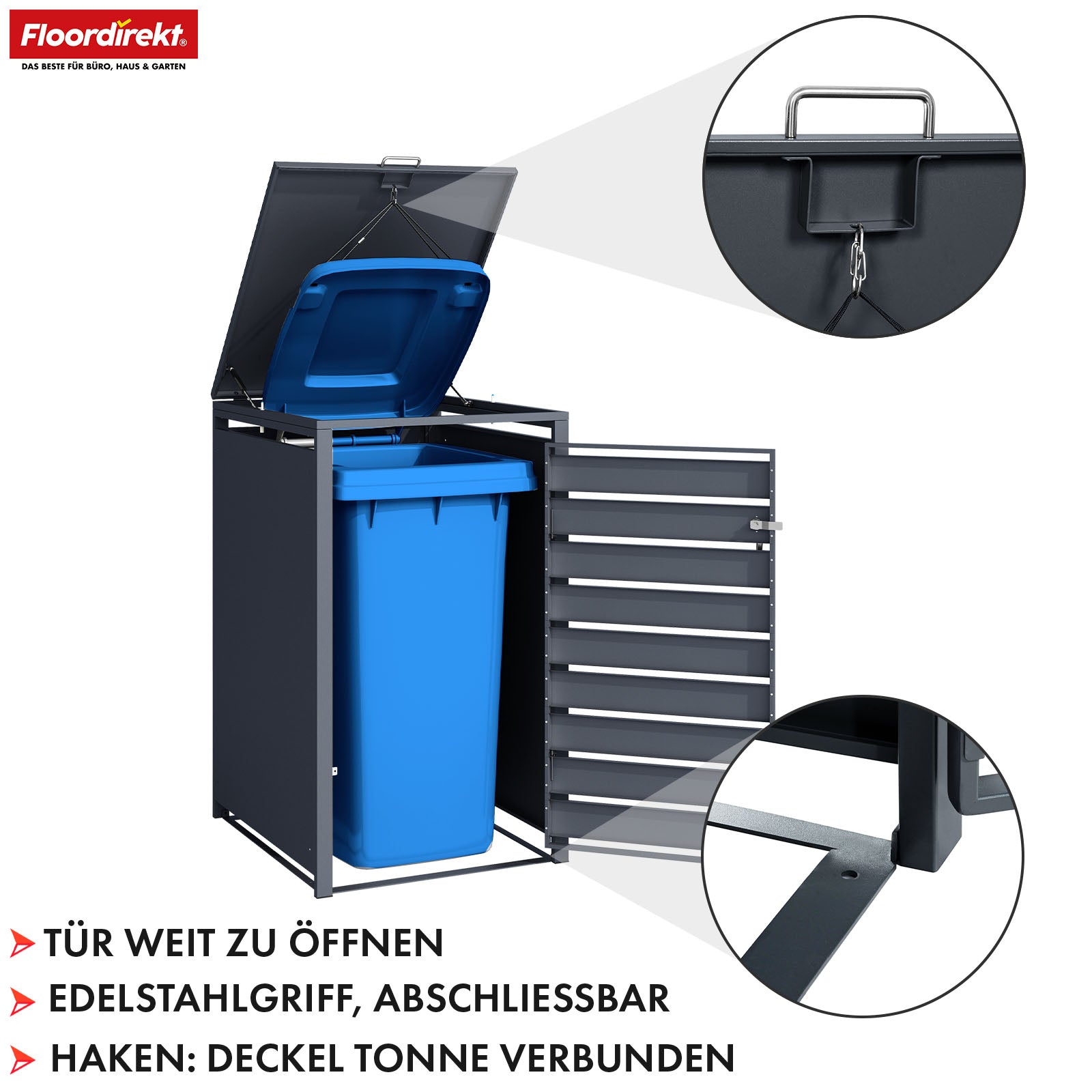 Waste bin box | Johan | Anthracite-coloured waste bin enclosure with wooden decor and robust stainless steel frame | 1-3 doors | Waste bin storage for 60-240 litres