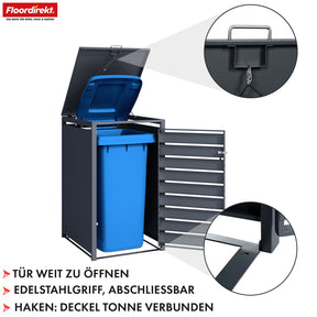 Waste bin box | Johan | Anthracite-coloured waste bin enclosure with wooden decor and robust stainless steel frame | 1-3 doors | Waste bin storage for 60-240 litres