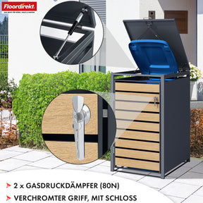Waste bin box | Johan | Anthracite-coloured waste bin enclosure with wooden decor and robust stainless steel frame | 1-3 doors | Waste bin storage for 60-240 litres