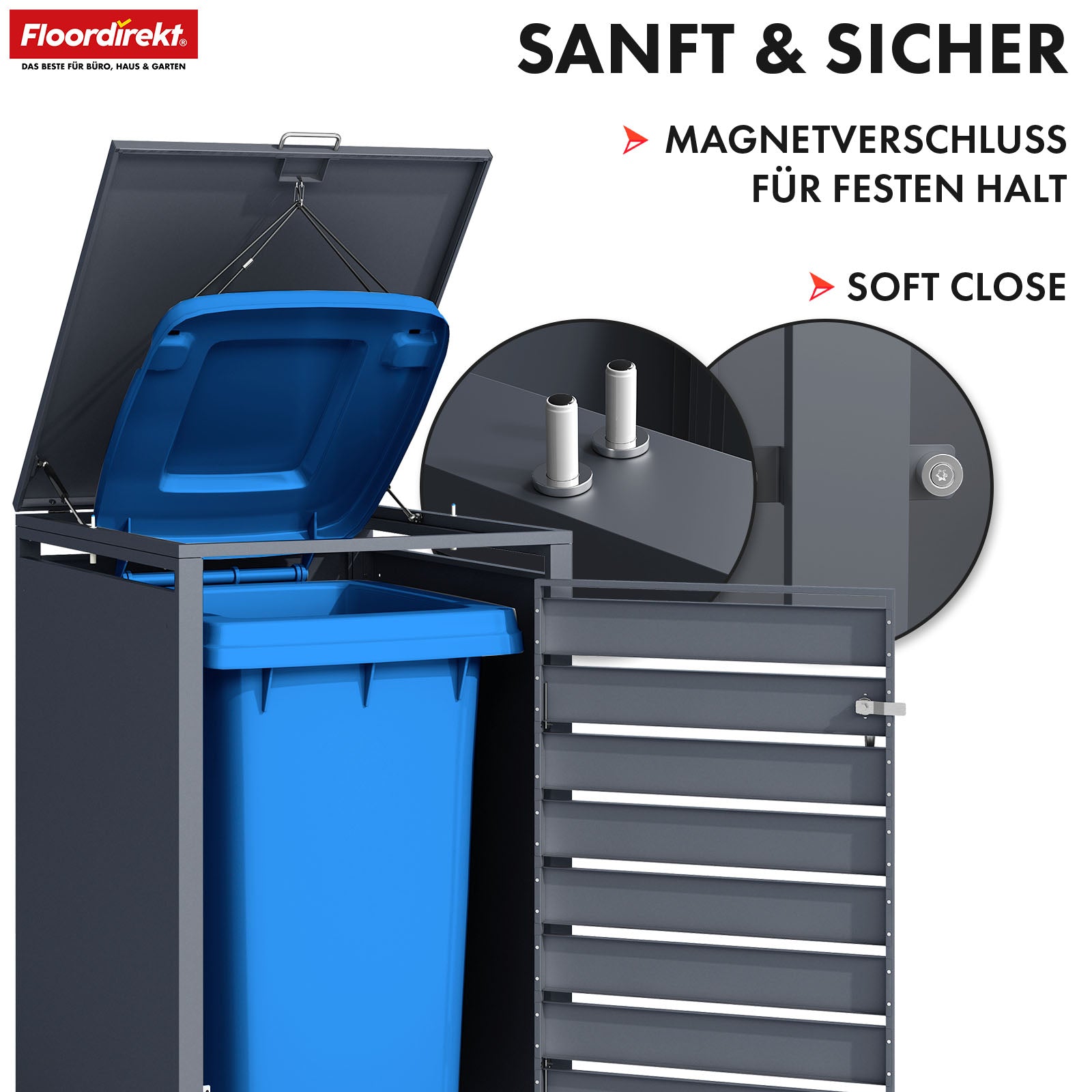Waste bin box | Johan | Anthracite-coloured waste bin enclosure with wooden decor and robust stainless steel frame | 1-3 doors | Waste bin storage for 60-240 litres