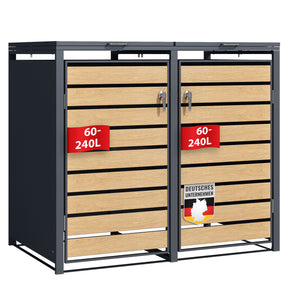 Waste bin box | Johan | Anthracite-coloured waste bin enclosure with wooden decor and robust stainless steel frame | 1-3 doors | Waste bin storage for 60-240 litres