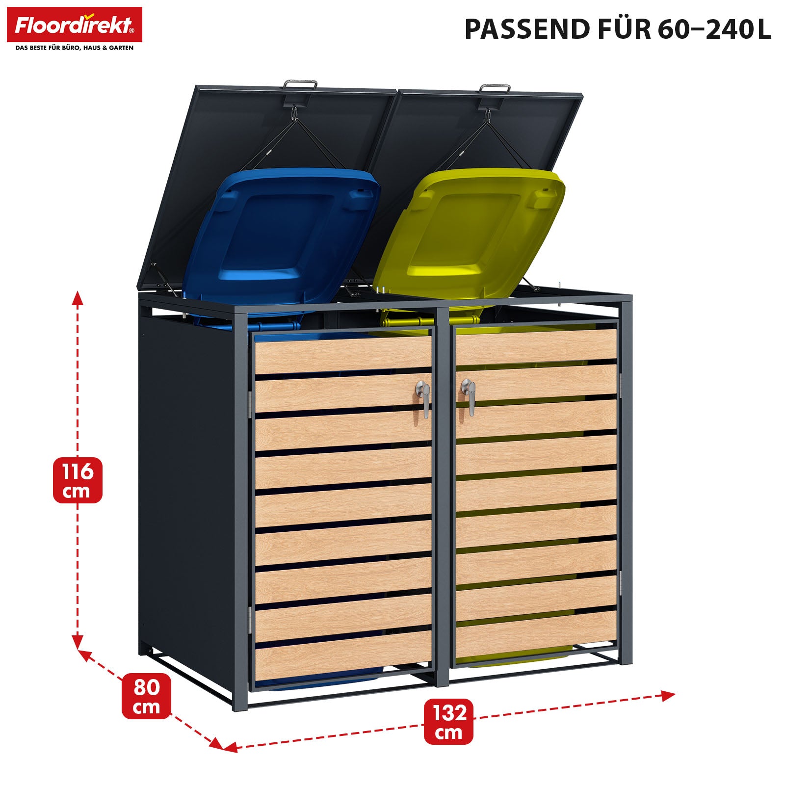 Waste bin box | Johan | Anthracite-coloured waste bin enclosure with wooden decor and robust stainless steel frame | 1-3 doors | Waste bin storage for 60-240 litres