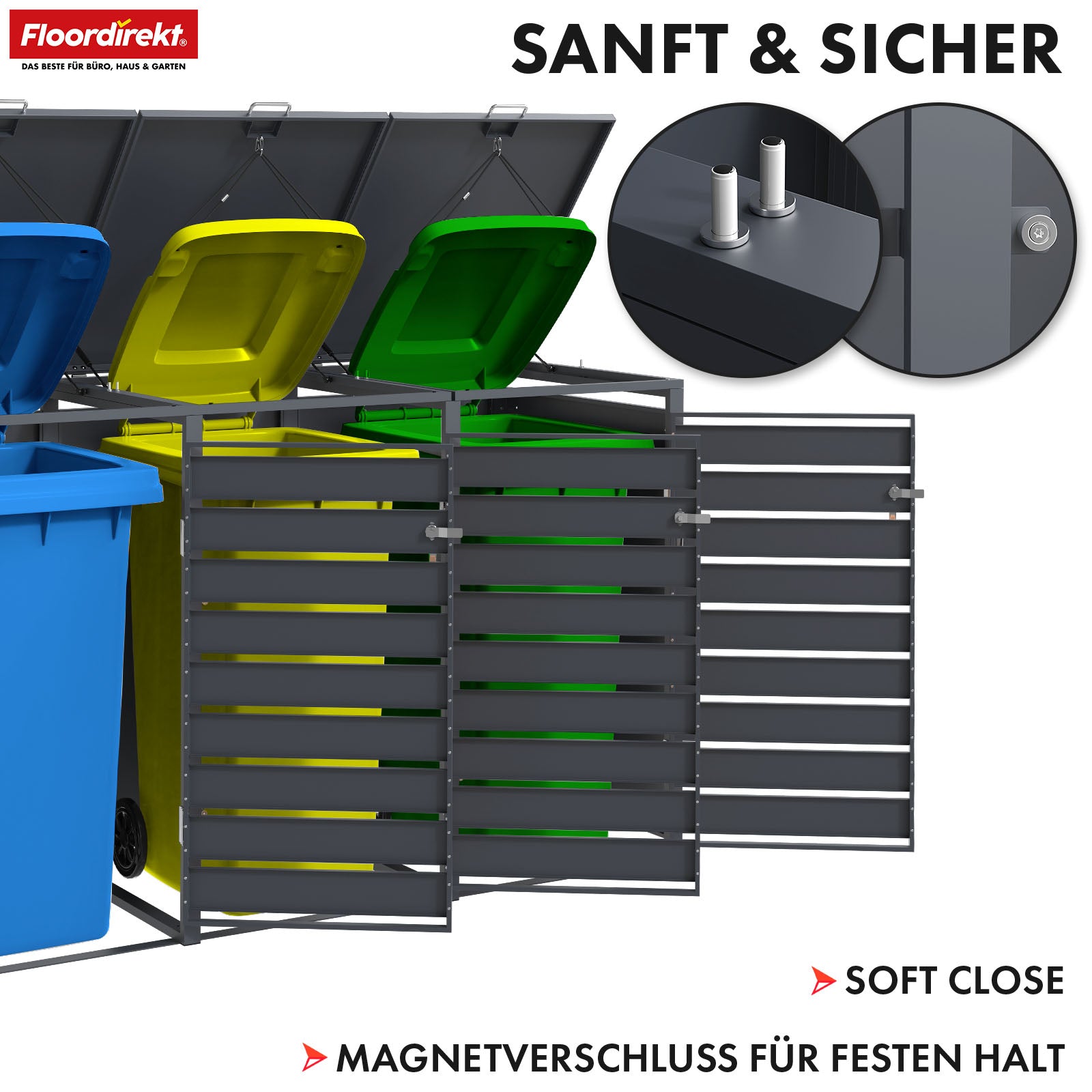 Waste bin box | Magnus | Weatherproof anthracite-coloured dustbin cladding with stainless steel frame | 1-3 doors | Suitable for 60-240 L waste bins