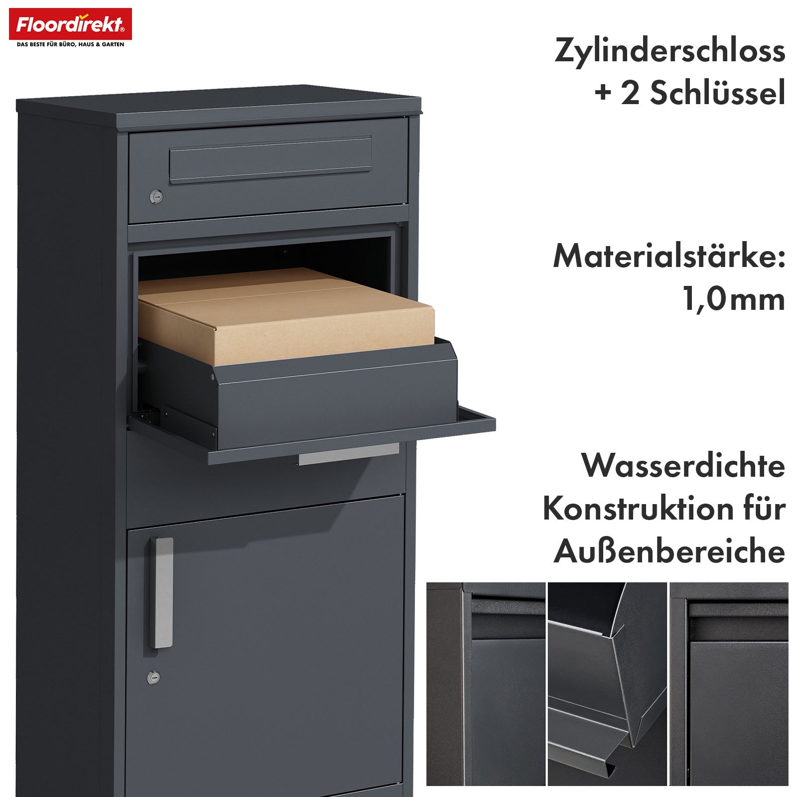 Parcel box with letterbox | Francois | Waterproof steel parcel letterbox, lockable & free-standing in anthracite