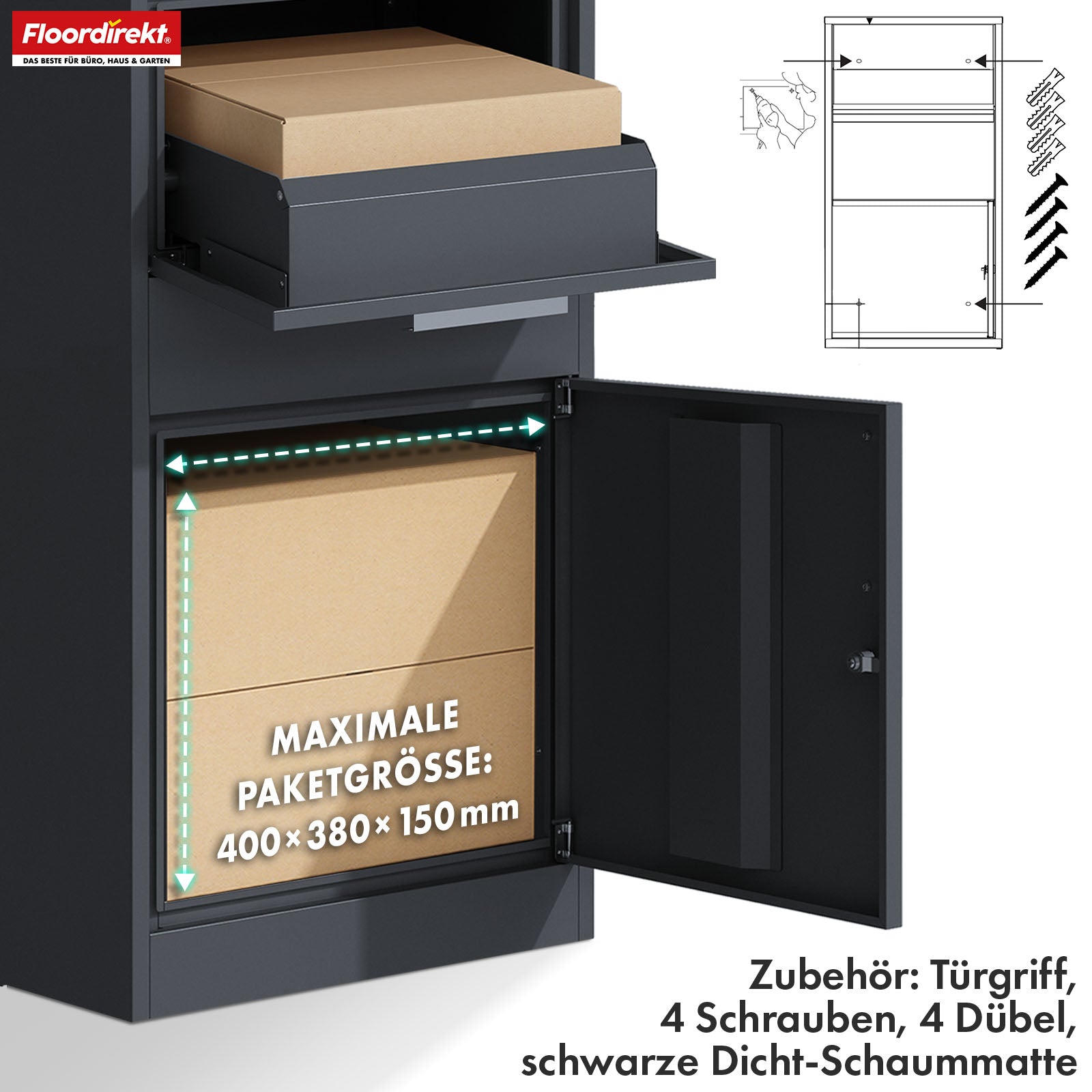Parcel box with letterbox | Francois | Waterproof steel parcel letterbox, lockable & free-standing in anthracite