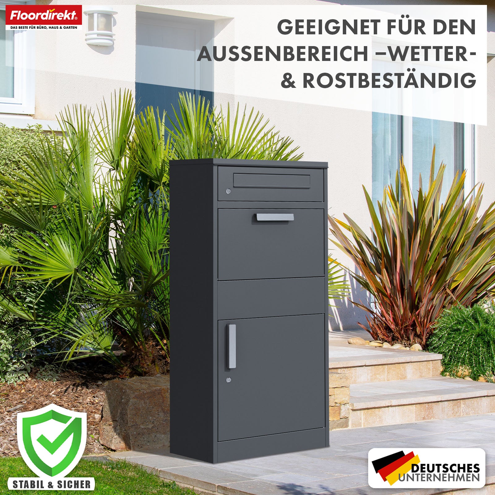 Parcel box with letterbox | Francois | Waterproof steel parcel letterbox, lockable & free-standing in anthracite