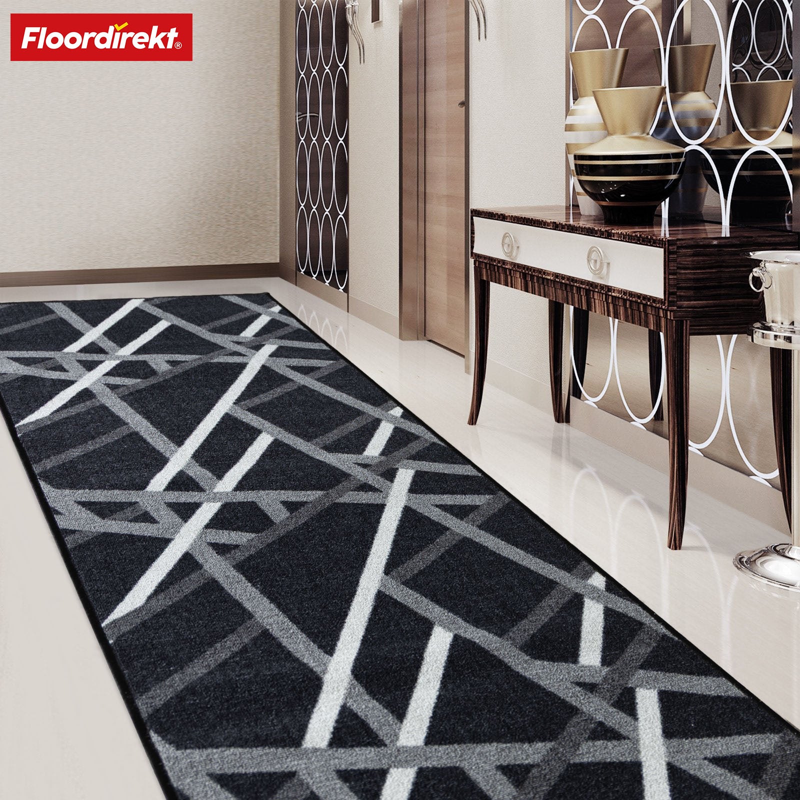 Made-to-measure carpet runner | Printed | Anthracite with stripes | Non-slip & easy-care