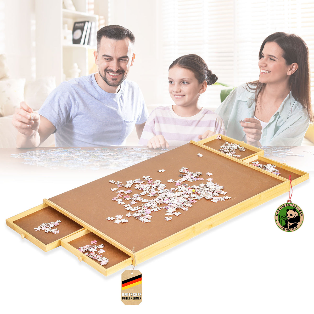 Puzzle table | Yukon | Compact puzzle base with drawers made of bamboo & MDF | For up to 1000 pieces