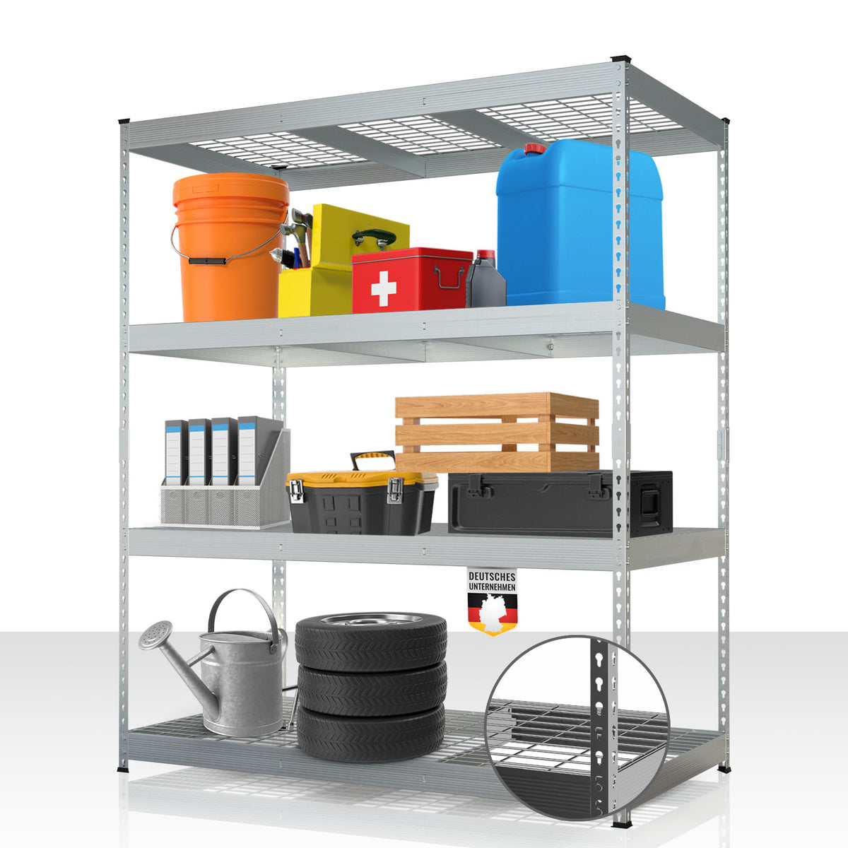 Heavy-duty shelving | Yukon Rivet | Steel shelving with mesh shelves | 250-350 kg load capacity per shelf | Various sizes & colours
