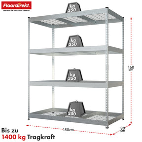 Heavy-duty shelving | Yukon Rivet | Steel shelving with mesh shelves | 250-350 kg load capacity per shelf | Various sizes & colours
