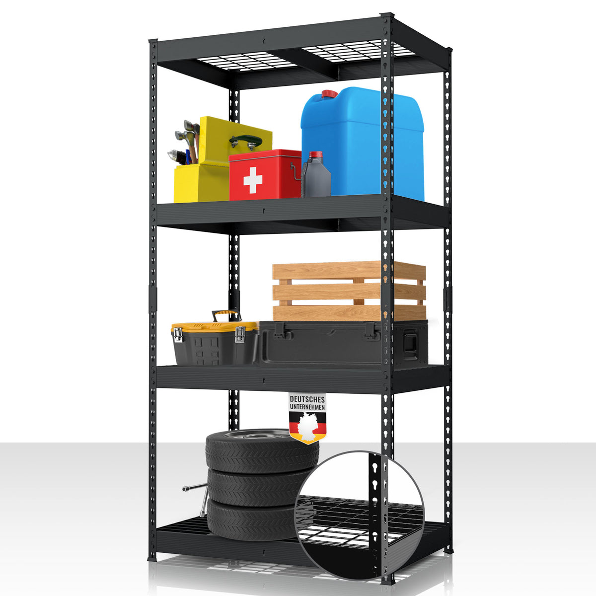 Heavy-duty shelving | Yukon Rivet | Steel shelving with mesh shelves | 250-350 kg load capacity per shelf | Various sizes & colours