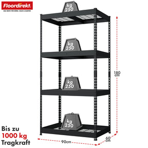 Heavy-duty shelving | Yukon Rivet | Steel shelving with mesh shelves | 250-350 kg load capacity per shelf | Various sizes & colours