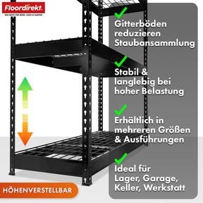 Heavy-duty shelving | Yukon Rivet | Steel shelving with mesh shelves | 250-350 kg load capacity per shelf | Various sizes & colours