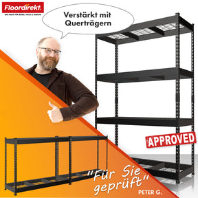 Heavy-duty shelving | Yukon Rivet | Steel shelving with mesh shelves | 250-350 kg load capacity per shelf | Various sizes & colours