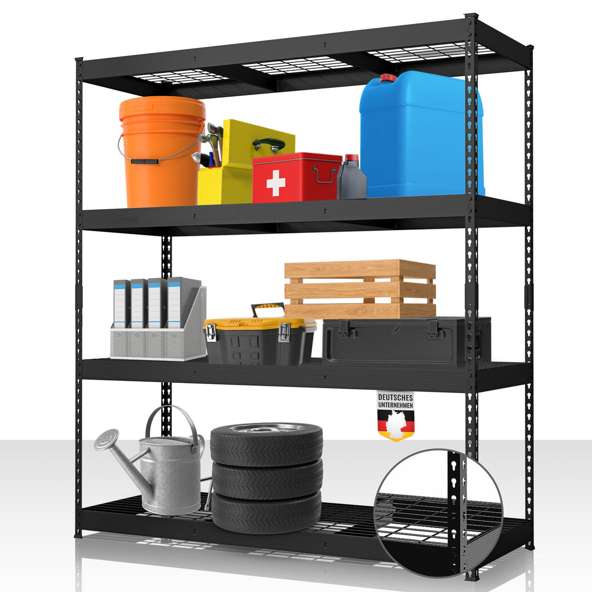 Heavy-duty shelving | Yukon Rivet | Steel shelving with mesh shelves | 250-350 kg load capacity per shelf | Various sizes & colours