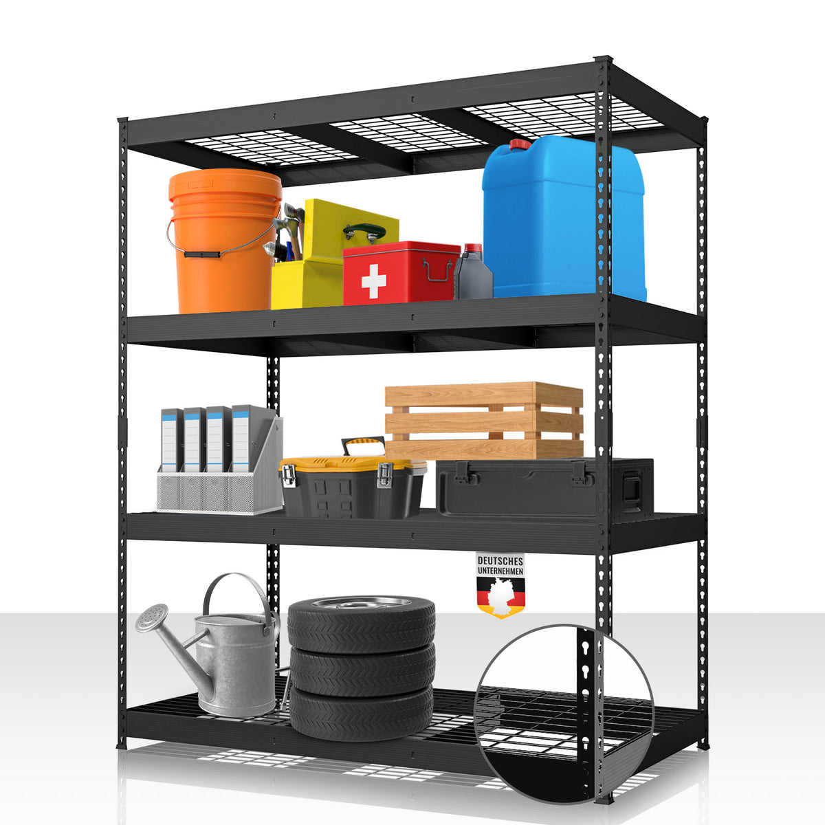 Heavy-duty shelving | Yukon Rivet | Steel shelving with mesh shelves | 250-350 kg load capacity per shelf | Various sizes & colours