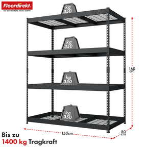 Heavy-duty shelving | Yukon Rivet | Steel shelving with mesh shelves | 250-350 kg load capacity per shelf | Various sizes & colours