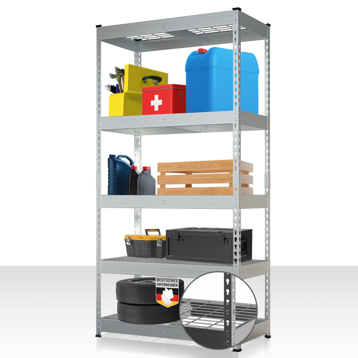 Heavy-duty shelving | Yukon Rivet | Steel shelving with mesh shelves | 250-350 kg load capacity per shelf | Various sizes & colours
