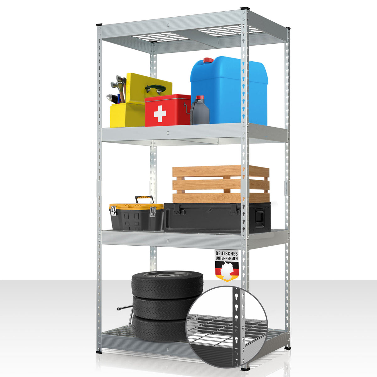 Heavy-duty shelving | Yukon Rivet | Steel shelving with mesh shelves | 250-350 kg load capacity per shelf | Various sizes & colours