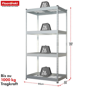 Heavy-duty shelving | Yukon Rivet | Steel shelving with mesh shelves | 250-350 kg load capacity per shelf | Various sizes & colours
