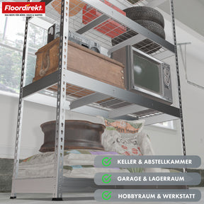 Heavy-duty shelving | Yukon Rivet | Steel shelving with mesh shelves | 250-350 kg load capacity per shelf | Various sizes & colours