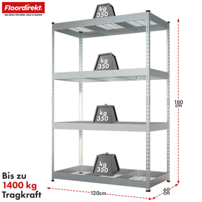 Heavy-duty shelving | Yukon Rivet | Steel shelving with mesh shelves | 250-350 kg load capacity per shelf | Various sizes & colours