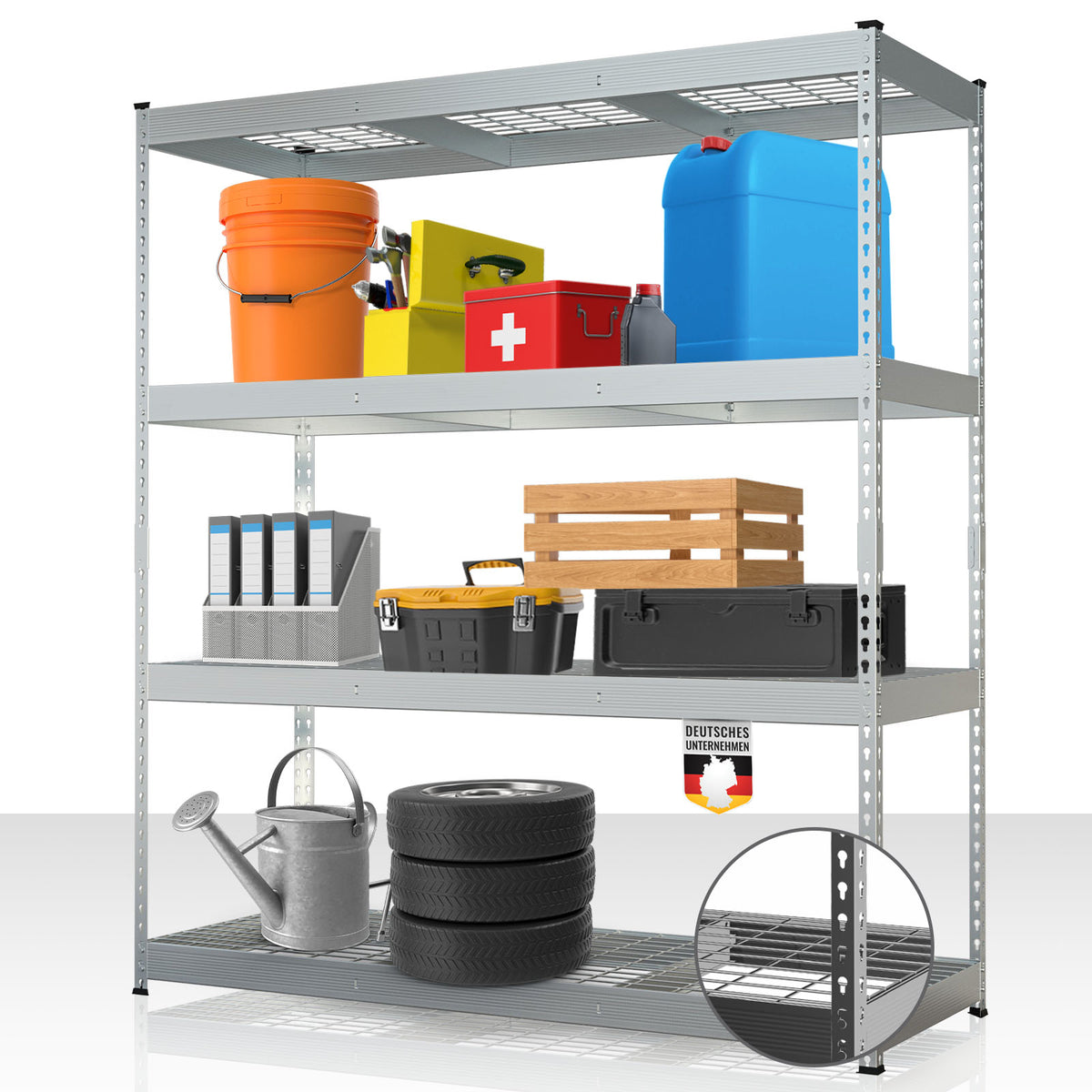 Heavy-duty shelving | Yukon Rivet | Steel shelving with mesh shelves | 250-350 kg load capacity per shelf | Various sizes & colours