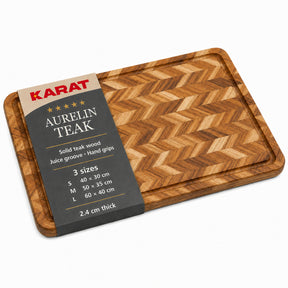Cutting Board | Aurelin Teak Herringbone | Solid Teak Wood with Juice Groove & Handles | 3 Sizes