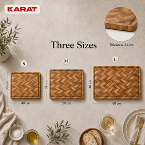 Cutting Board | Aurelin Teak Herringbone | Solid Teak Wood with Juice Groove & Handles | 3 Sizes