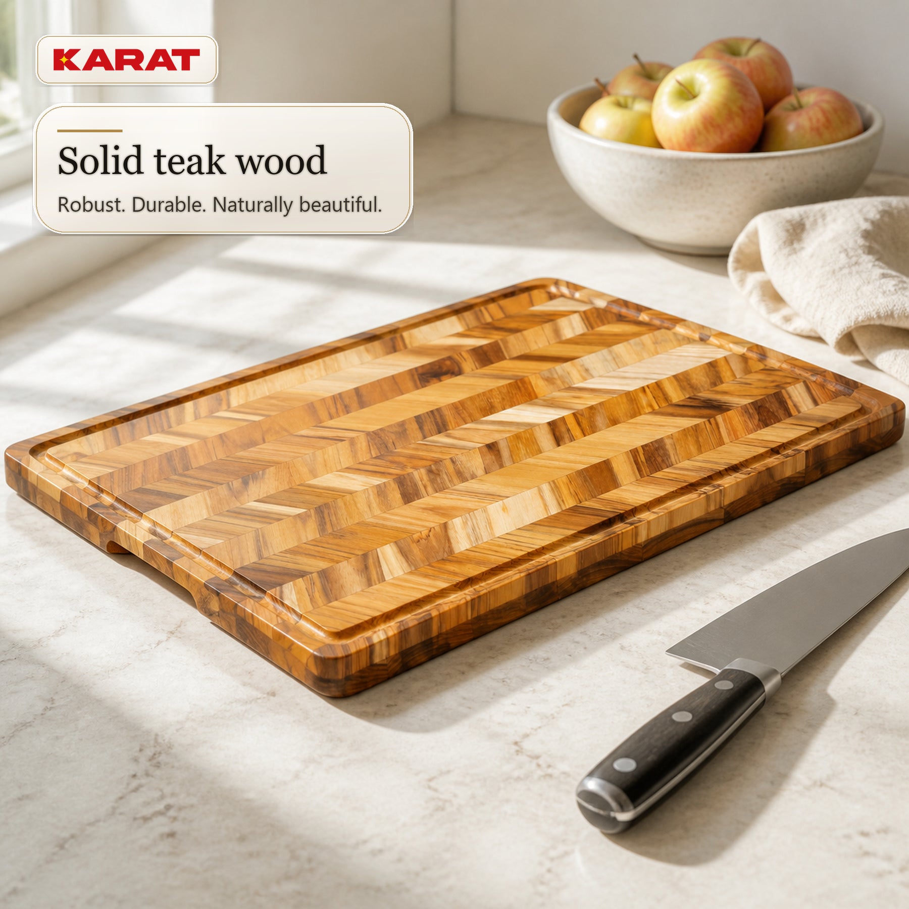 Cutting Board | Aurelin Teak Herringbone | Solid Teak Wood with Juice Groove & Handles | 3 Sizes