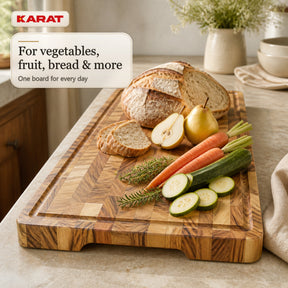 Cutting Board | Aurelin Teak Herringbone | Solid Teak Wood with Juice Groove & Handles | 3 Sizes