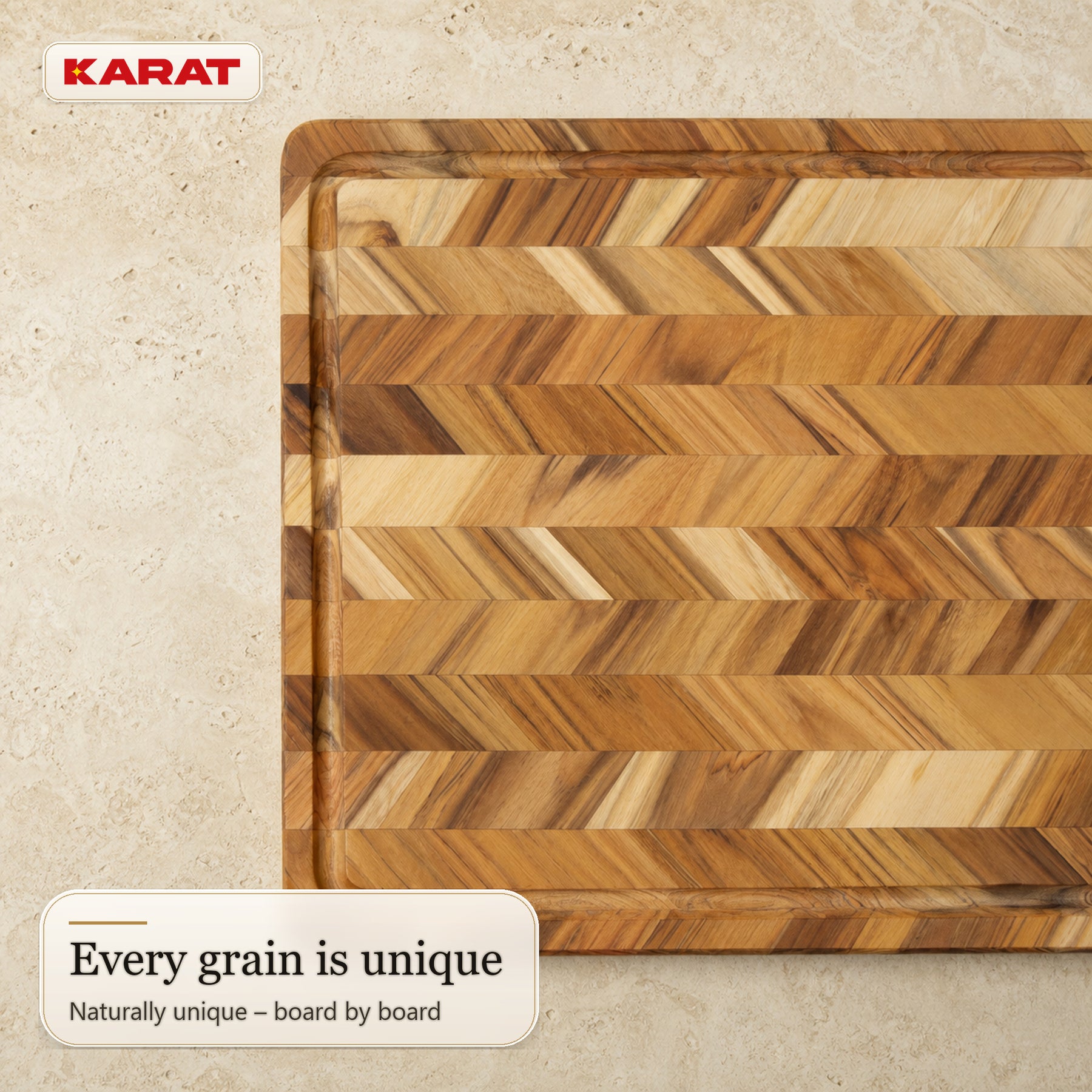 Cutting Board | Aurelin Teak Herringbone | Solid Teak Wood with Juice Groove & Handles | 3 Sizes