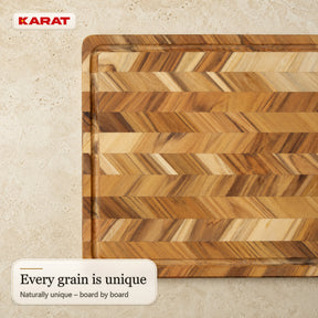 Cutting Board | Aurelin Teak Herringbone | Solid Teak Wood with Juice Groove & Handles | 3 Sizes
