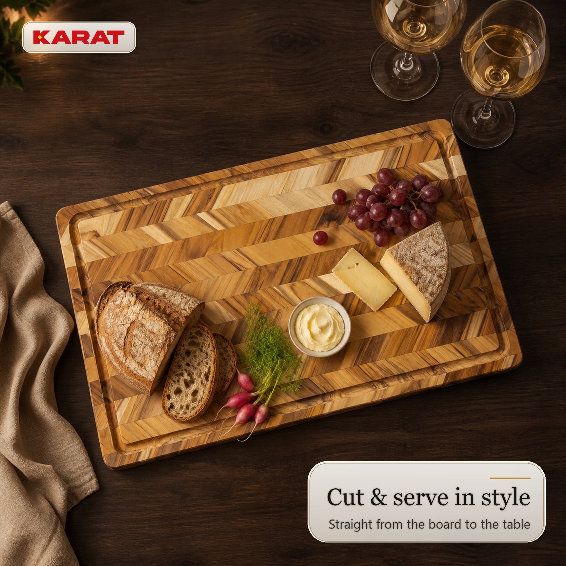 Cutting Board | Aurelin Teak Herringbone | Solid Teak Wood with Juice Groove & Handles | 3 Sizes