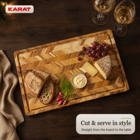 Cutting Board | Aurelin Teak Herringbone | Solid Teak Wood with Juice Groove & Handles | 3 Sizes